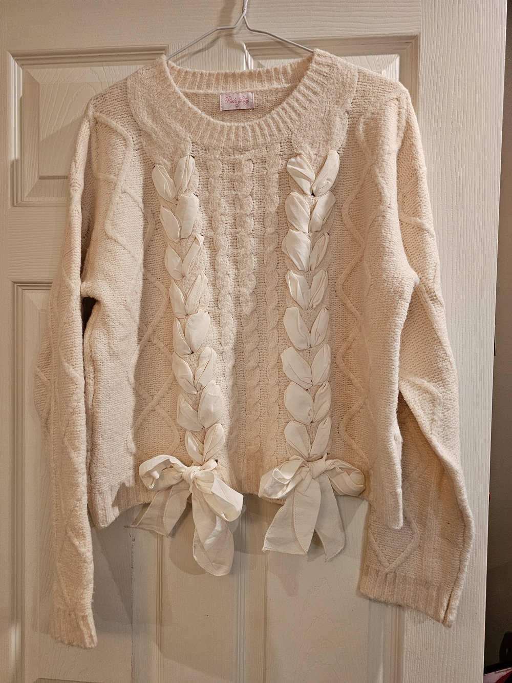 Pink Lily Cream Cable Knit Crew Sweater with Ribbon Braid Detail